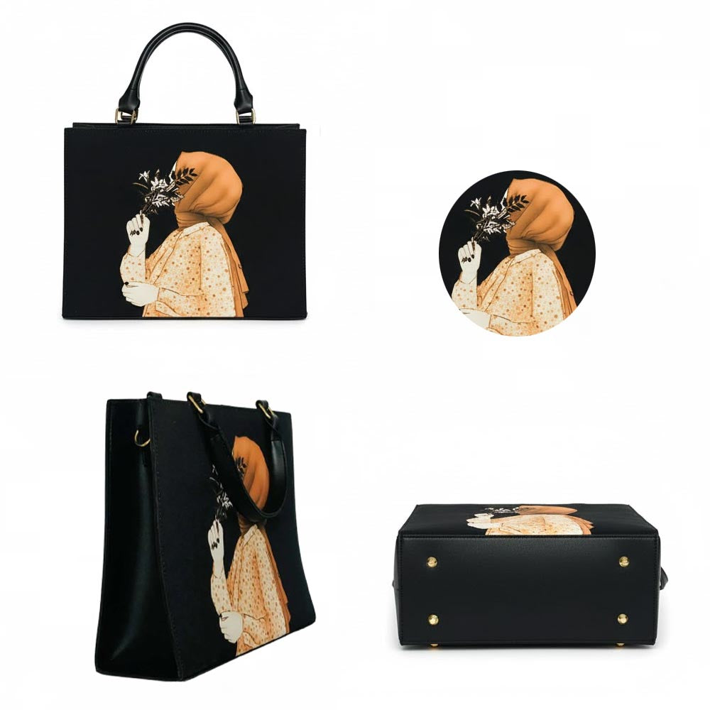 Elegant Art Print Tote & Shoulder Bag | Black Modesty Chic Handbag