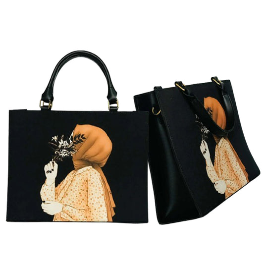 Elegant Art Print Tote & Shoulder Bag | Black Modesty Chic Handbag