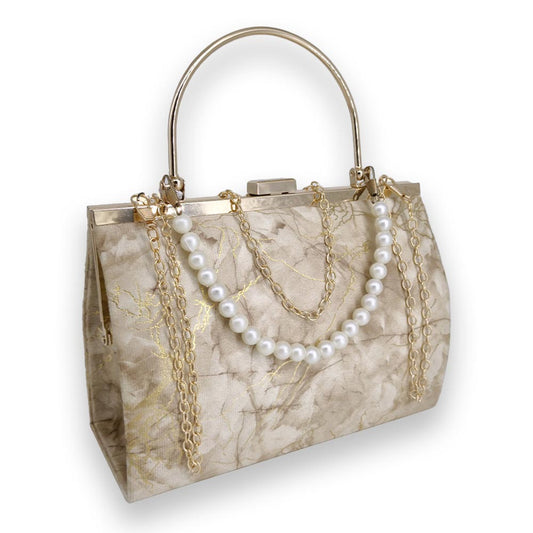 Luxe Evening Frame Bag – Gold Accents & Pearl Handle - Beebapakistan
