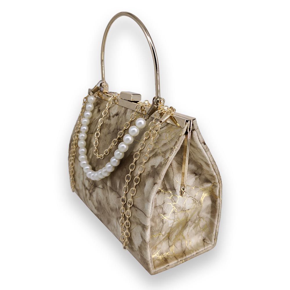 Luxe Evening Frame Bag – Gold Accents & Pearl Handle - Beebapakistan