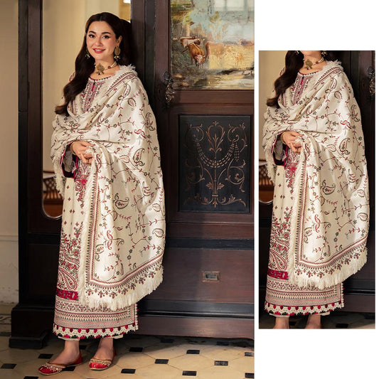 Regal Cream & Maroon 3-Piece Pashmina Style Suit | Embroidered Shawl & Self-Printed Detailing