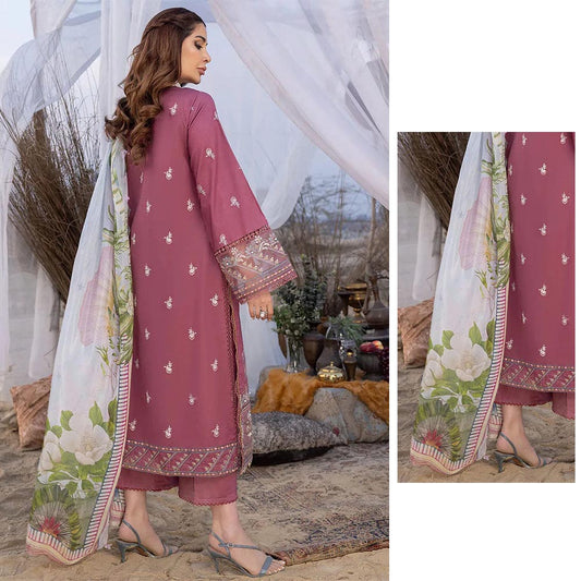 Crimson Rose Embroidered Lawn Suit with Digital Print Chiffon Dupatta