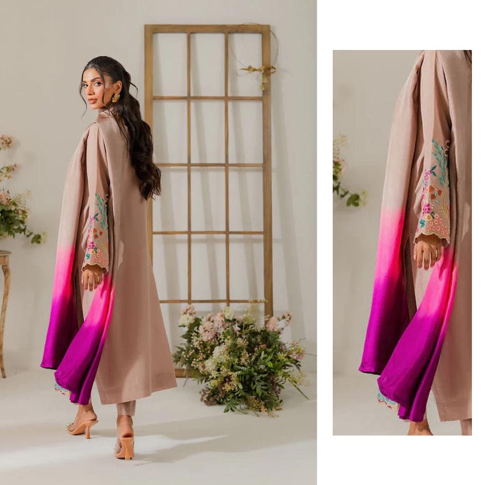 Desert Sand Embroidered 3-Piece Suit with Pink Ombre Dupatta | Luxury Prêt/Unstitched