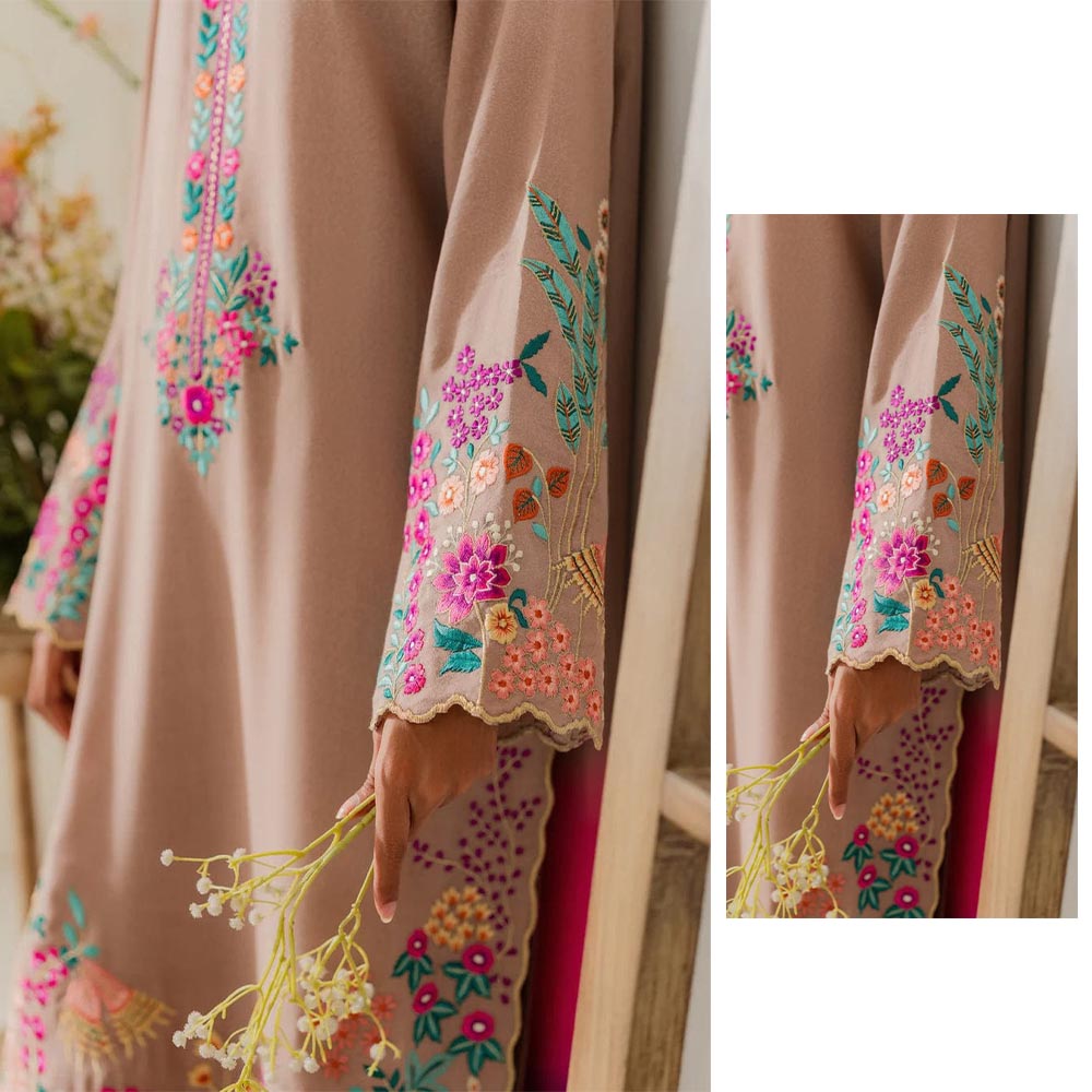 Desert Sand Embroidered 3-Piece Suit with Pink Ombre Dupatta | Luxury Prêt/Unstitched