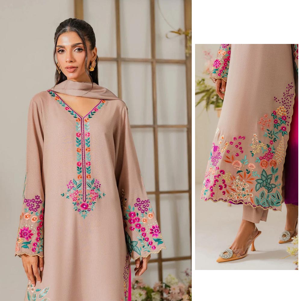 Desert Sand Embroidered 3-Piece Suit with Pink Ombre Dupatta | Luxury Prêt/Unstitched