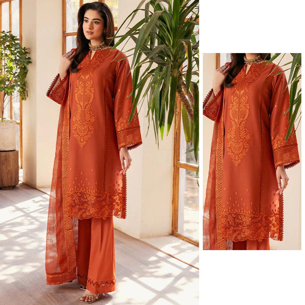 Rich Rust Orange Embroidered 3-Piece Suit | Winter Khaddar/Linen Collection