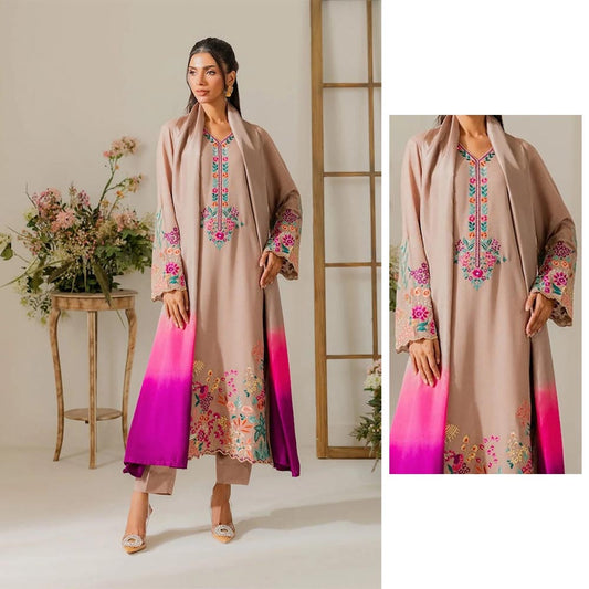 Desert Sand Embroidered 3-Piece Suit with Pink Ombre Dupatta | Luxury Prêt/Unstitched