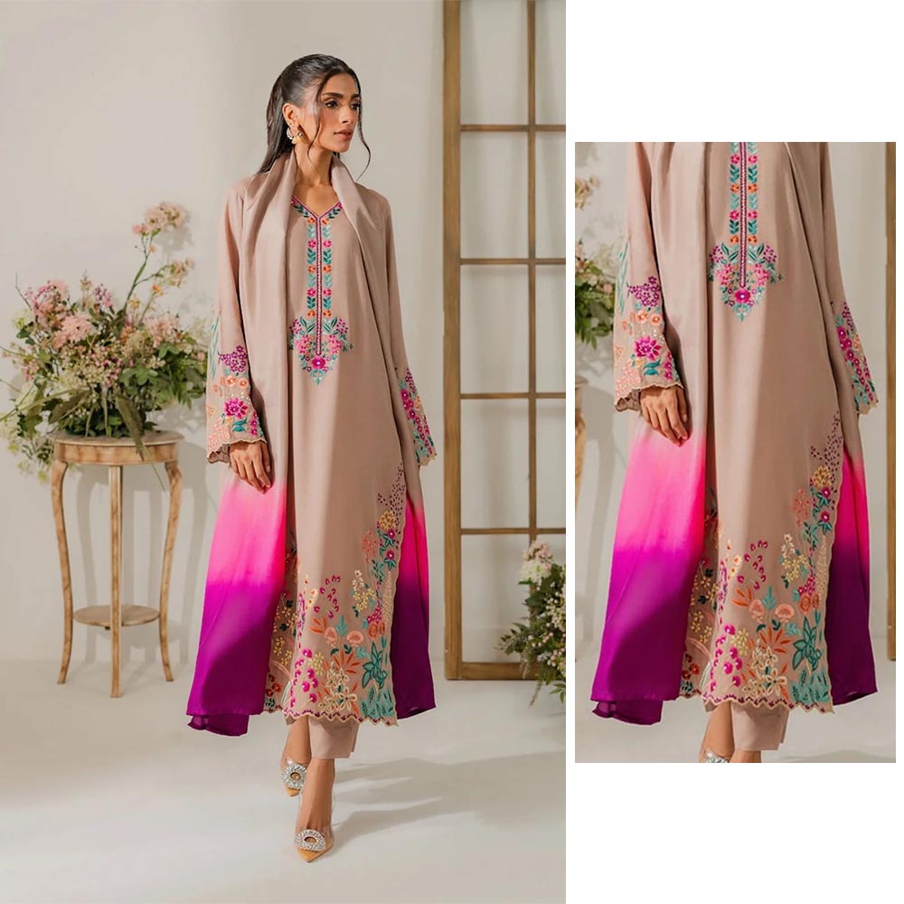 Desert Sand Embroidered 3-Piece Suit with Pink Ombre Dupatta | Luxury Prêt/Unstitched