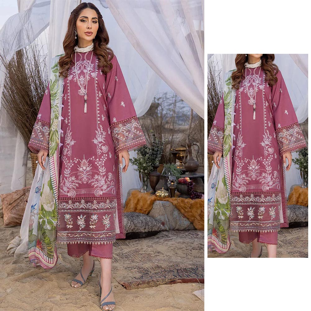 Luxury Embroidered Royal Blue 3-Piece Unstitched Suit with Printed Chiffon Dupatta
