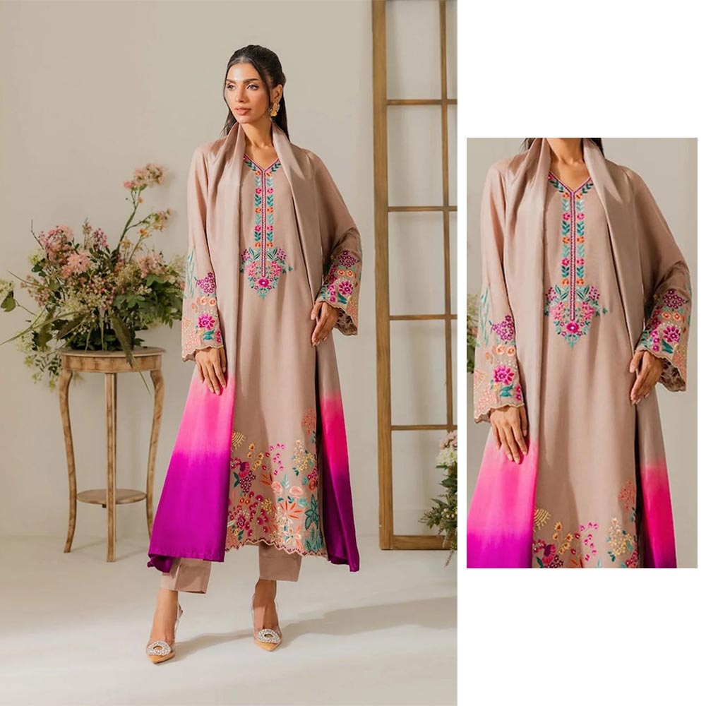 Desert Sand Embroidered 3-Piece Suit with Pink Ombre Dupatta | Luxury Prêt/Unstitched