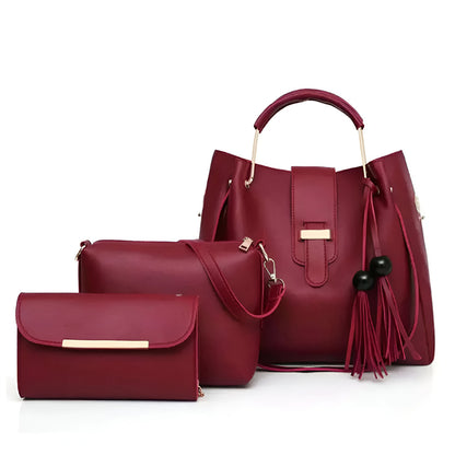 Premium 3-in-1 Maroon Handbag Set - Tote, Crossbody & Clutch.