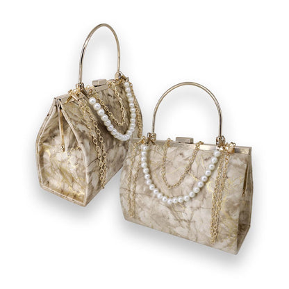 Luxe Evening Frame Bag – Gold Accents & Pearl Handle - Beebapakistan