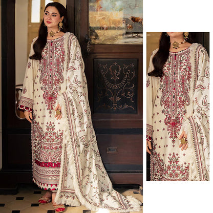 Regal Cream & Maroon 3-Piece Pashmina Style Suit | Embroidered Shawl & Self-Printed Detailing