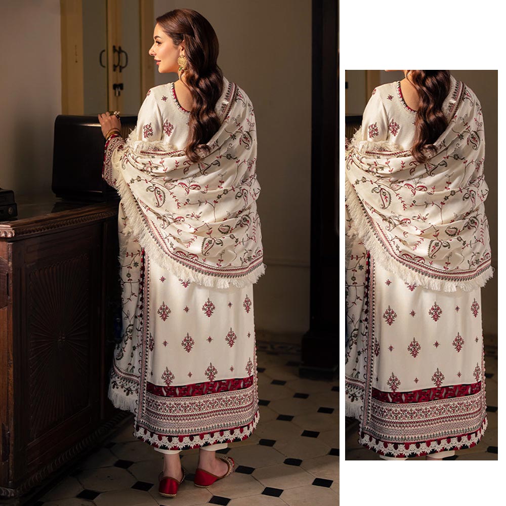 Regal Cream & Maroon 3-Piece Pashmina Style Suit | Embroidered Shawl & Self-Printed Detailing