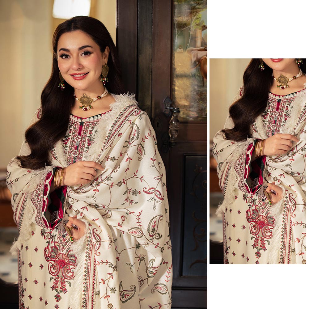 Regal Cream & Maroon 3-Piece Pashmina Style Suit | Embroidered Shawl & Self-Printed Detailing
