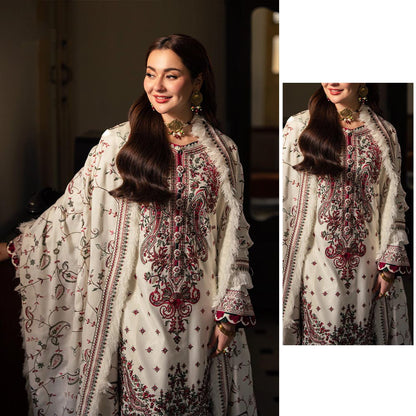 Regal Cream & Maroon 3-Piece Pashmina Style Suit | Embroidered Shawl & Self-Printed Detailing