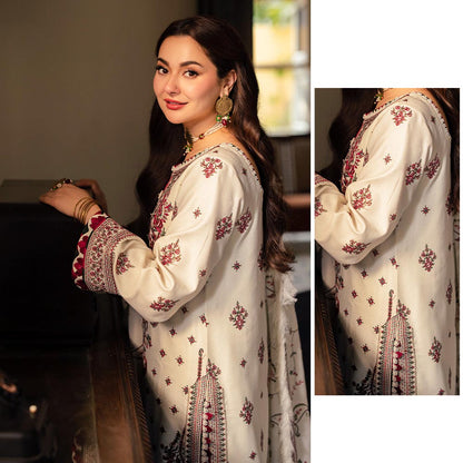 Regal Cream & Maroon 3-Piece Pashmina Style Suit | Embroidered Shawl & Self-Printed Detailing