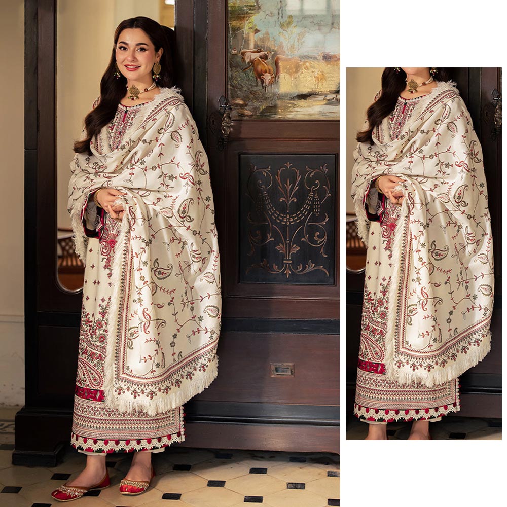 Regal Cream & Maroon 3-Piece Pashmina Style Suit | Embroidered Shawl & Self-Printed Detailing