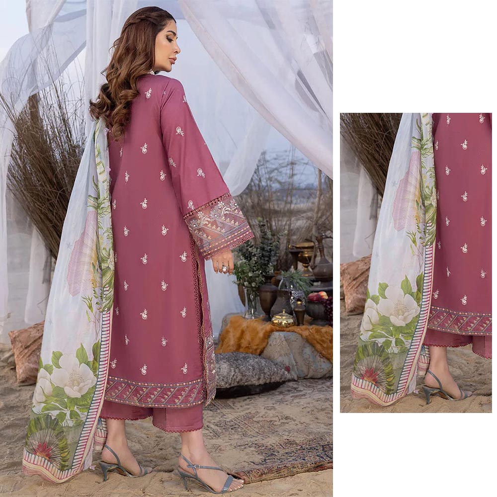 Crimson Rose Embroidered Lawn Suit with Digital Print Chiffon Dupatta