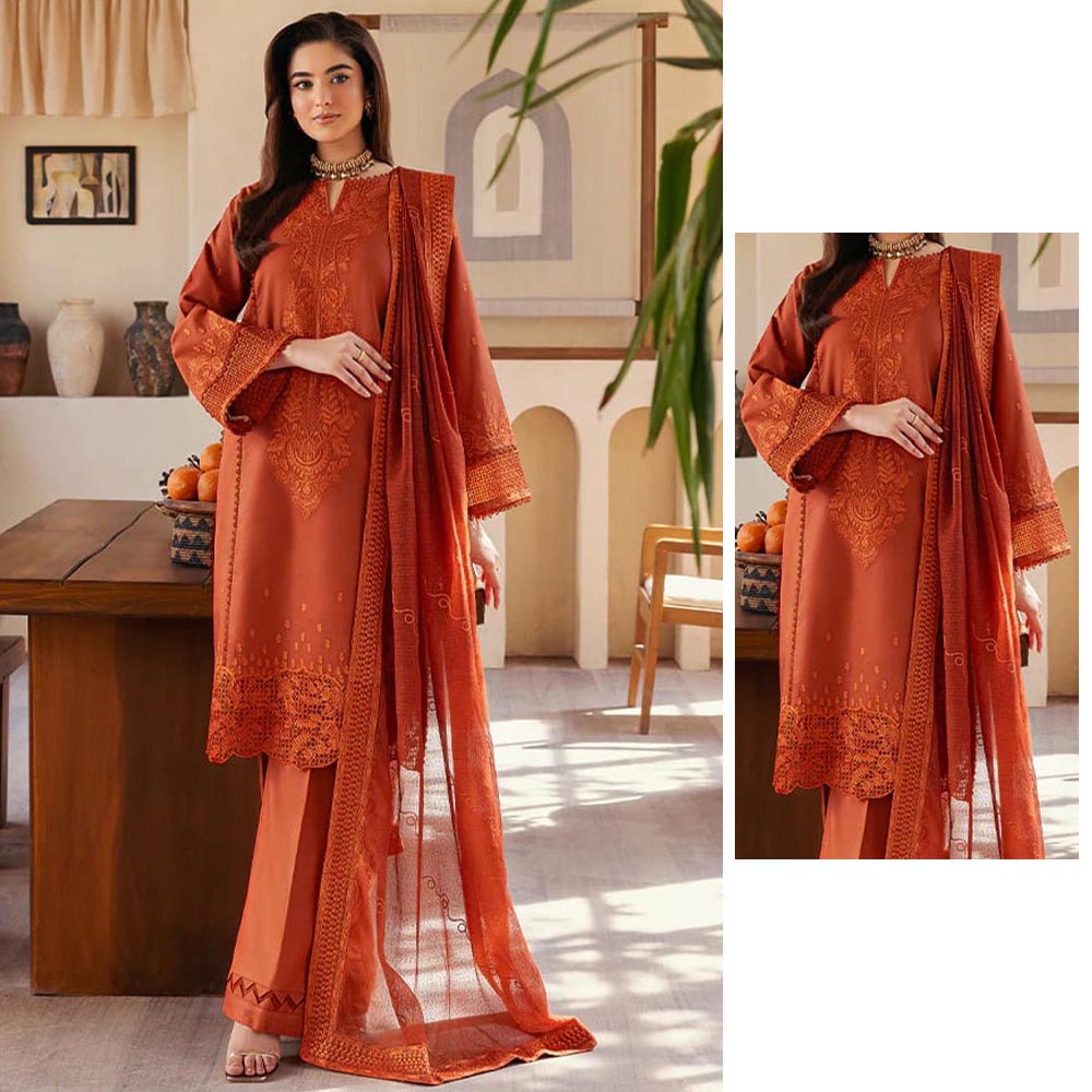 Rich Rust Orange Embroidered 3-Piece Suit | Winter Khaddar/Linen Collection