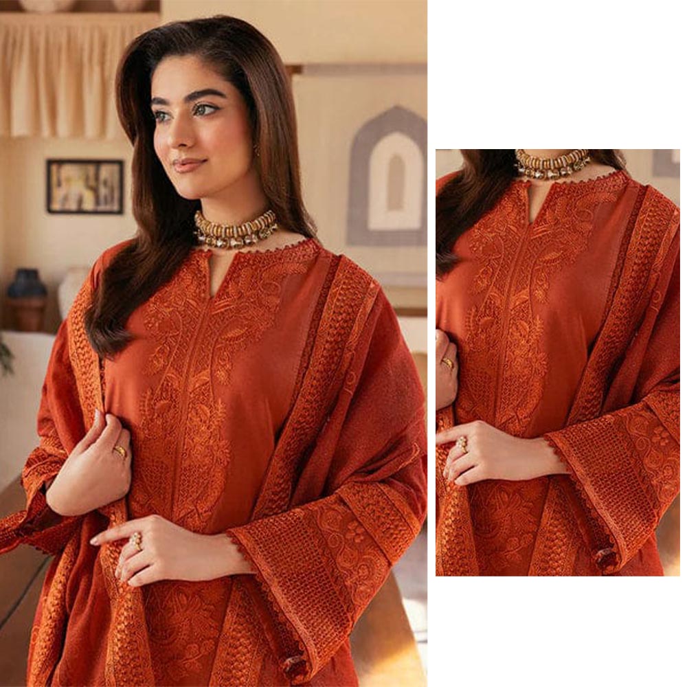 Rich Rust Orange Embroidered 3-Piece Suit | Winter Khaddar/Linen Collection