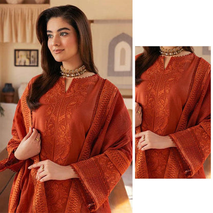 Rich Rust Orange Embroidered 3-Piece Suit | Winter Khaddar/Linen Collection