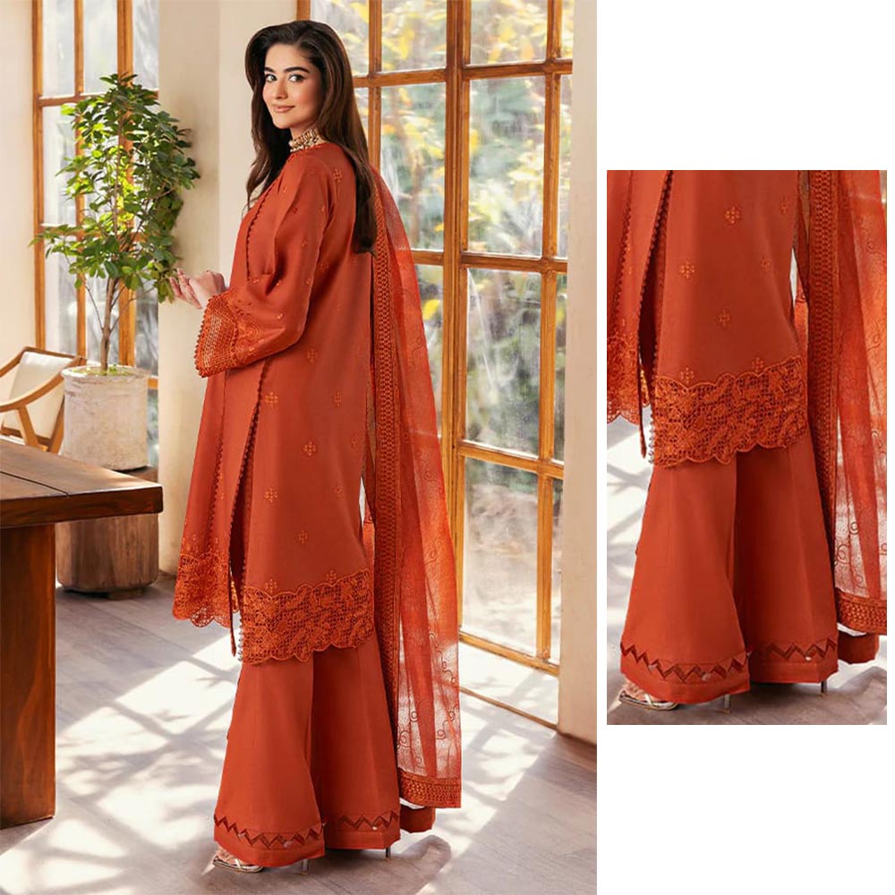 Rich Rust Orange Embroidered 3-Piece Suit | Winter Khaddar/Linen Collection