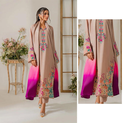 Desert Sand Embroidered 3-Piece Suit with Pink Ombre Dupatta | Luxury Prêt/Unstitched